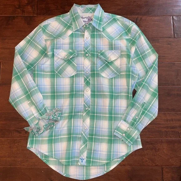 Wrangler 20X Competition Pearl Snap Western Shirt Medium Plaid Cowboy Flip Cuffs - Picture 2 of 10